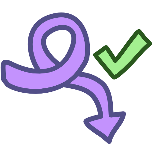 A purple arrow starts at the left side of the screen, makes a loop, and points down. Next to it is a green checkmark